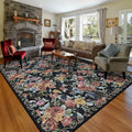 8x10 Machine Washable Area Rug for Living Room, Black Vintage Boho Floral Rug Large Non-Slip Low Pile Soft Faux Wool Carpet, Kids and Pets Friendly for Bedroom Dining Room Farmhouse Home Decor Rug