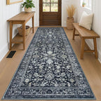 KILOCOCO Hallway Runner 3x8 Rug Runner Printed Vintage Floral Washable Kitchen Runners Non-slip Rubber Backed Runners for Hallways Laundry Room Distressed Boho Rugs for Entryway Bedroom, Navy/Charcoal