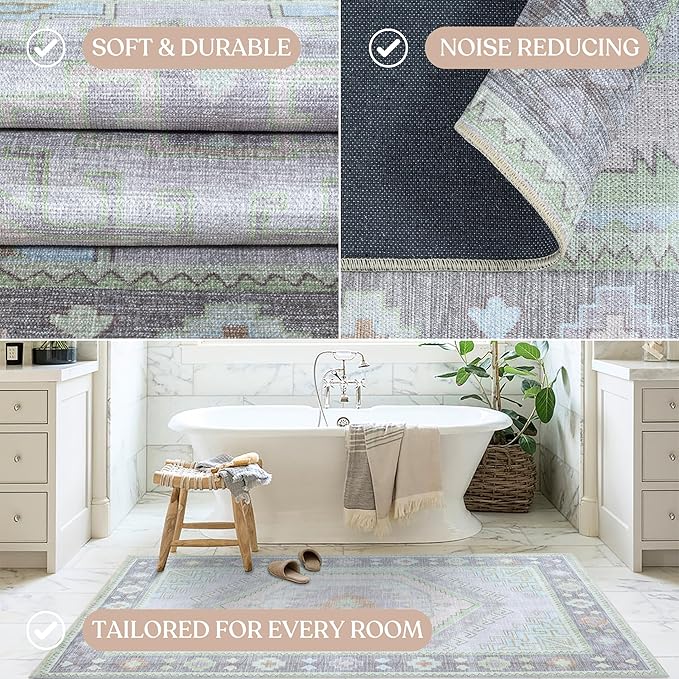 Fame Living Washable Area Rug. Modern Farmhouse. Vintage. Turkish. Bohemian. Distressed. Oriental. Traditional. Rugs for Living Room. Dining. Bedroom. Office. Entryway. Foyer. (856GrnCrm, 2'5" x 13')