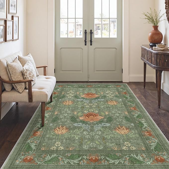 Bavni 5x7 Area Rugs for Living Room, Microfiber Machine Washable Non-Slip Vintage Floral Rug, Low Pile Lightweight Carpet for Bedroom, Dining Room, Home Office, Bean Green