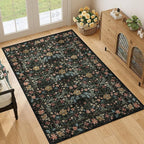 DUKINO 4x6 Rugs for Living Room, Lightweight Non Slip Washable Rug with Low Pile Design, Vintage Floral Non-Shedding Soft Carpet for Living Room, Bedroom, Farmhouse, Office, Bathroom, Black