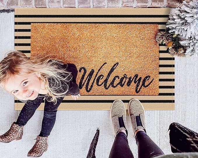 KOZYFLY Brown and Black Striped Porch Rug 2x3 Ft Small Area Rug Cotton Outdoor Doormat Front Door Rugs Washable Outdoor Rugs Farmhouse Layered Door Mat for Front Door Entryway Patio Porch