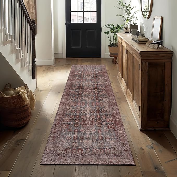 Kuden 2'6"x10 Runner Rug, Machine Washable Area Rug with Non-Slip Backing, Vintage Style, Soft, Easy Clean, Low Pile Rug for Hallway, Entryway, Kitchen, Bedroom