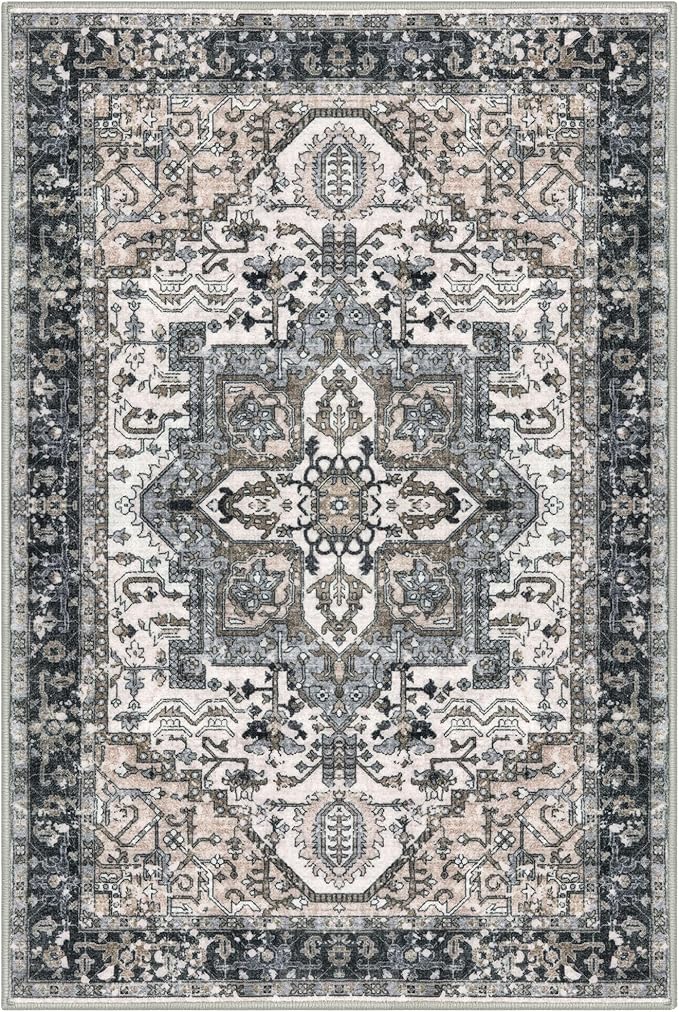 KOZYFLY Boho Area Rug 3x5 Ft Rugs for Entryway Washable Entry Rug Non Slip Door Mat Indoor Entrance Printed Faux Wool Throw Rugs for Entrance Kitchen Living Room, Black/Taupe/Beige