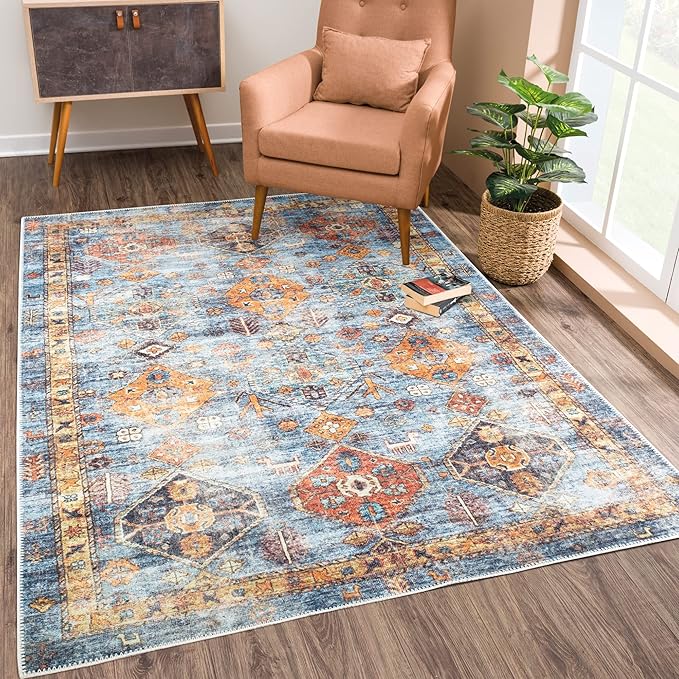 Bloom Rugs Washable Non-Slip 10x14 Rug - Blue/Orange Traditional Bordered Area Rug for Living Room, Bedroom, Dining Room, and Kitchen - Exact Size: 10' x 14'