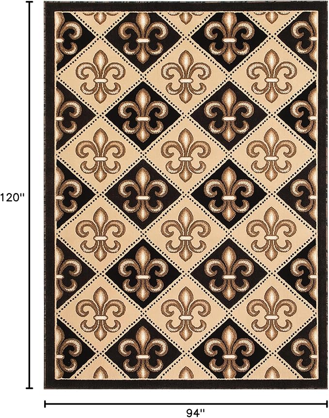 Allstar 8x10 Black Modern Rectangular Accent Rug with Ivory and Mocha Floral Fleur De Lis Diamond Design (8' x 10')