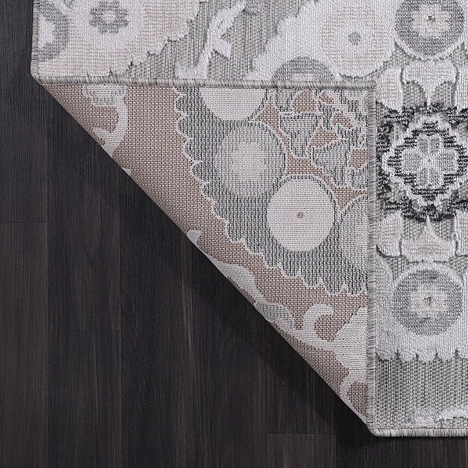 CAMILSON Indoor Outdoor Rug 5x7 Bohemian Medallion Floral Area Rugs for Indoor and Outdoor Patios Easy-Cleaning Non-Shedding Living Room Garden and Kitchen Washable Outside Carpet (5 x 7 / Gray)