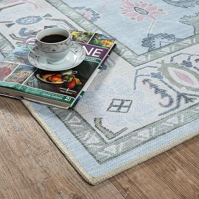 Fame Living Cream Blue Oushak Rug, Modern, Vintage, Turkish, Eclectic, Floral, Pastel, Washable, Area Rugs for Living Room, Dining, Bedroom, Office, Entryway, Foyer, Playroom, Nursery, 5'x6'9"