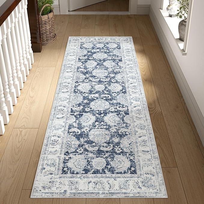 jinchan Fiora Runner Rug 2x5 Washable Hallway Runner- Vintage Floral Non Slip Low-Pile Soft Thin Kitchen Rug Distressed Carpet for Farmhouse Bedroom Entryway Laundry Room(2x5ft, Dark Blue)