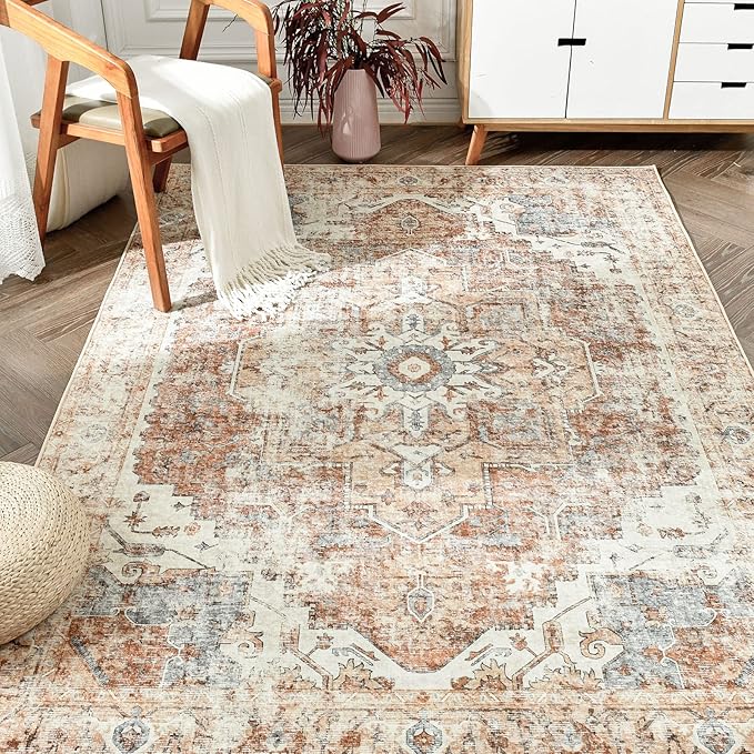 jinchan Kelda Area Rug 4x6 Washable Bedroom Rug Vintage Indoor Floor Cover Distressed Lightweight Non-Slip Low Pile Thin Mat Stain Resistant Carpet for Living Room Dining Room Kitchen Office Brick Red