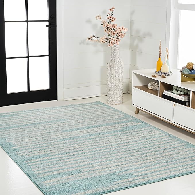 JONATHAN Y Khalil Modern Berber Stripe Turquoise/Cream Indoor Area Rug, 5x8, Contemporary, Bohemian, Easy-Cleaning for Living Room, Bedroom, Kitchen, Pet Friendly, Non-Shedding (MOH207D-5)