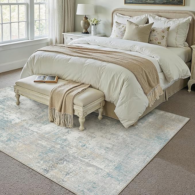 6x9 Washable Area Rug Blue Cream Abstract Living Room Bedroom Carpet Neutral Modern Non-Slip Soft Low Pile Lightweight Vacuumable Throw Rug for Dining Room Kitchen