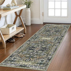 KOZYFLY Runners for Hallways 2x6 Ft Washable Kitchen Runner Rug Boho Runner Rug for Entryway Indoor Printed Oriental Faux Wool Floor Carpet Runner for Bedroom Kitchen Hall, Charcoal/Green/Olive
