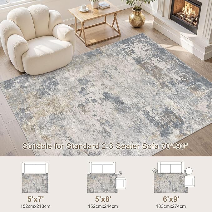 6x9 Area Rug Living Room Rugs - Washable Neutral Modern Abstract Soft Thin Large Rug Indoor Floor No Slip Rug Carpet for Bedroom Under Dining Table Home Office Decor - Blue Grey