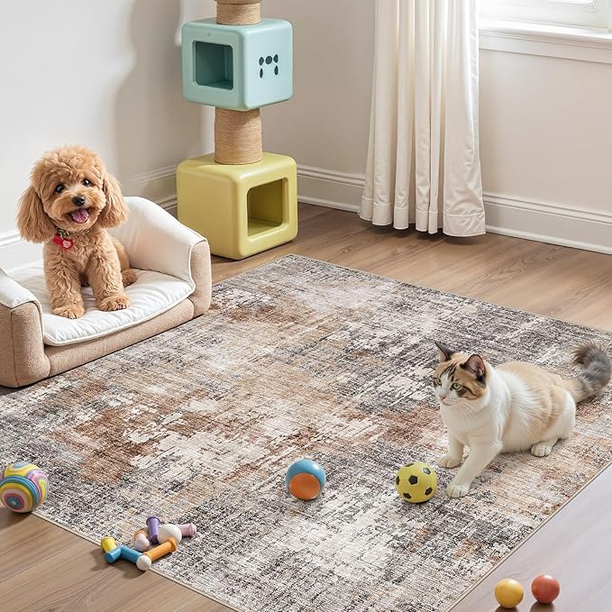 Square Area Rug Living Room Rugs - 5x5 Washable Large Soft Indoor Neutral Modern Abstract Low Pile Rug Carpet for Bedroom Dining Room Farmhouse Home Office - Grey Brown