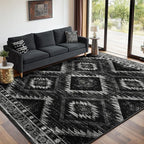 Area Rug 7x9 Rug Machine Washable Non-Slip Low Pile Print Pattern Western Rug for Living Room Bedroom Entryway Tribal Series-Black