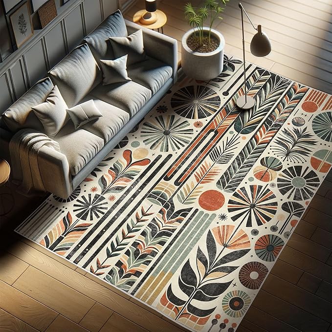 Ambesonne Bohemian Decorative Rug, Retro Mid Century Inspired Abstract Patterns on Ivory Background, Quality Carpet for Bedroom Dorm and Living Room, 2' x 5', Dark Orange and Reseda Green