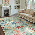 Green Area Rug 8x10 Floral Washable Living Room Kitchen Boho Carpet Non Slip Low Pile Indoor Accent Lightweight Soft Throw Rug for Bedroom Office Dining Room Nursery Farmhouse