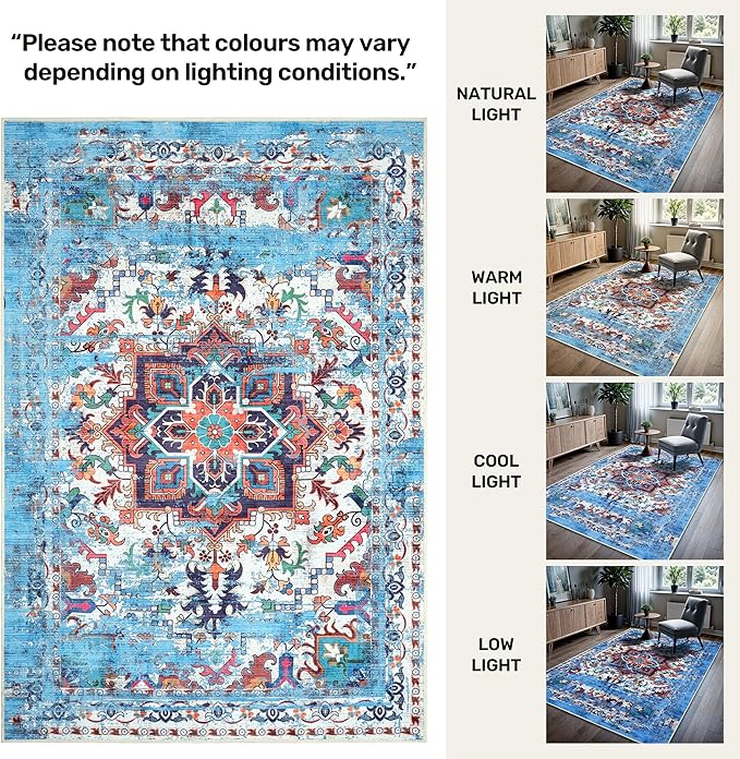 GLN Rugs Traditional Collection - Machine Washable Area Rug, Traditional Washable, Non Slip, Low Pile Chenille Rug, Living Room, Bedroom, Kitchen Rug (2'6" x 10' Blue/Multicolor)