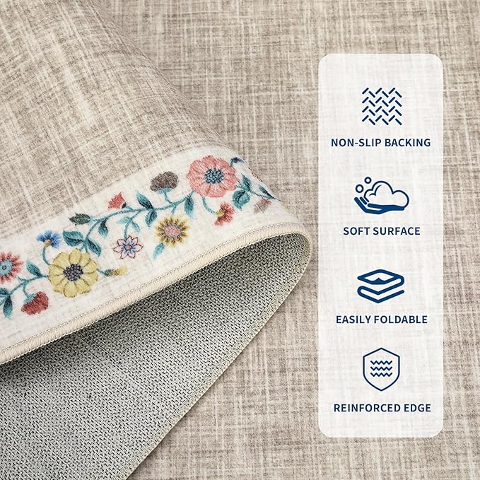 GarveeHome Washable Living Room Rug 9x12 Floral Bordered Area Rugs Soft Thin Indoor Carpet for Bedroom Modern Throw Aesthetic Mat Non Slip Stain Resistant Carpet for Dining Room Office, Light Camel