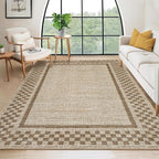 Small Bedroom Area Rug 3x5 Checkered Area Rug for Living Room Nursery Non Slip Kitchen Throw Carpet Low Pile Modern Bordered Rugs Washable Bathroom Mat Soft Brown Rugs for Laundry Entryway, Taupe