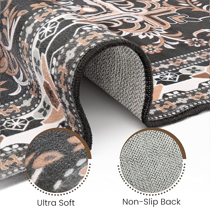 Washable Entryway Rug 3x5 | Non Slip Rug Runners for Hallways, Entryways, Kitchens, Bathrooms, Bedrooms | Ultra-Soft Flannel Carpet Kitchen Rug with Rubber Backing (Black Brown Cream, 3x5)