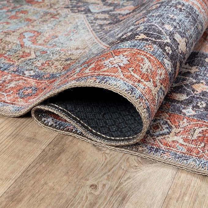 Bloom Rugs Washable Non-Slip 5' x 7' Rug - Terracotta/Blue Traditional Medallion Area Rug for Living Room, Bedroom, Dining Room, and Kitchen - Exact Size: 5' x 7'
