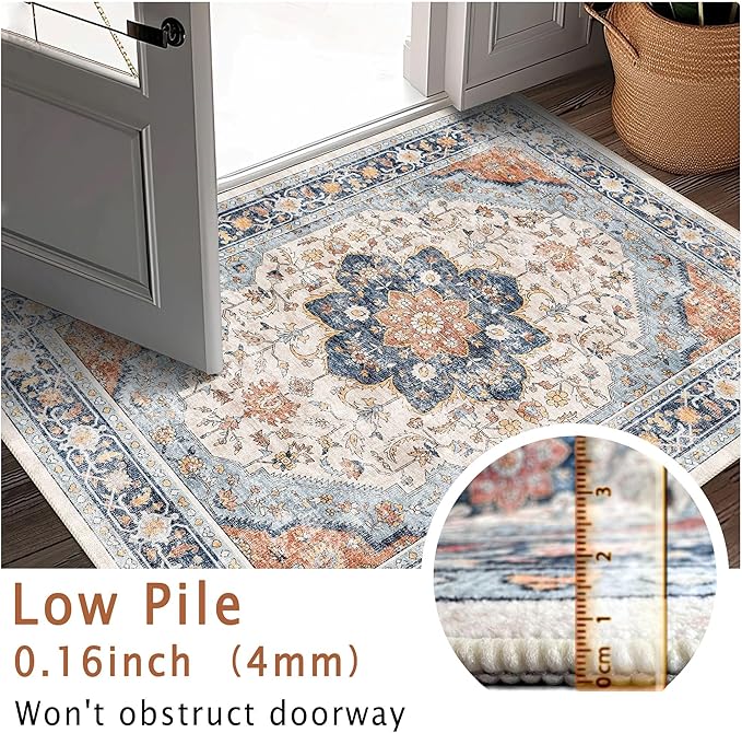 vivorug 3x5 Rug, Boho Small Area Rug for Living Room, Bedroom, Kitchen, Machine Washable Non-Slip Throw Rug, Vintage Floral Carpet for Entryway Nursery Coffee Table - Durable (Orange/Navy)