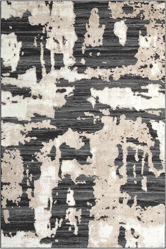 Abani Terra Cream Area Rug for Living Room, Bedroom - Black Abstract Pattern - 8' x 10' - Durable & Easy to Clean