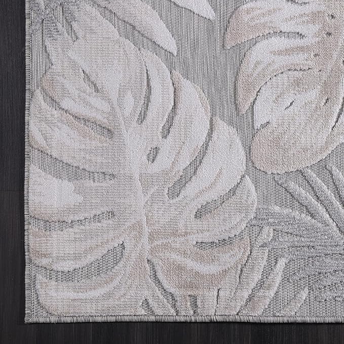 CAMILSON Indoor Outdoor Rug, Beige 7’10”x10’ Leaf Tropical Botanical Area Rugs for Indoor and Outdoor patios, Easy-Cleaning Non-Shedding Living Room, Garden and Kitchen Washable Outside Carpet (8x10)