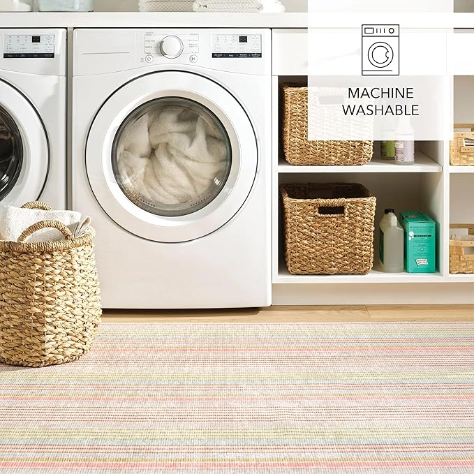 Dash and Albert Ana Ticking Machine Washable Area Rug - 6' x 9' Aqua Stripe Washable Accent Rug - Durable, High Traffic Area Kitchen, Hallway, Bedroom