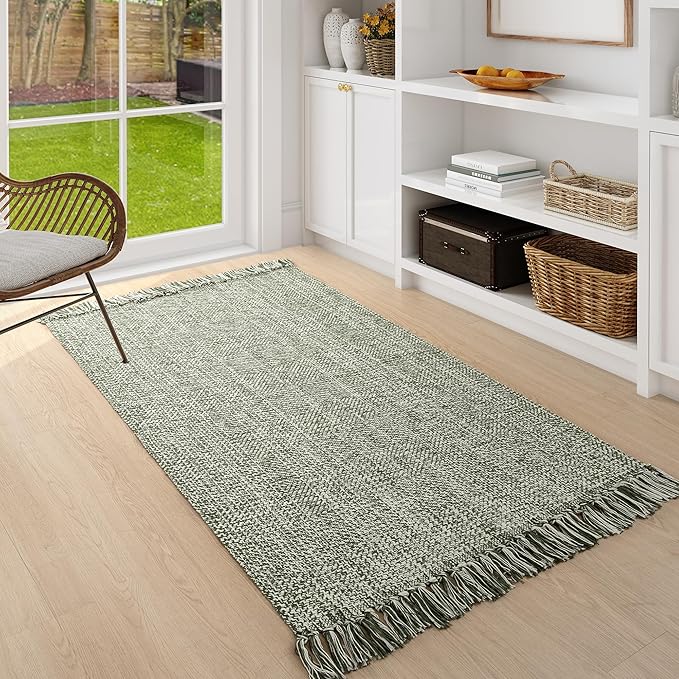 Collive Washable Area Rug 3' x 5', Modern Woven Kitchen Rugs, Olive Green/Cream Braided Cotton Rug Indoor Door Mat Throw Carpet for Entryway Living Room Nursery Mudroom Laundry Room