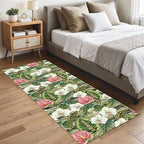 Runner Rug 4x10ft Non-Slip - Tropical Floral Watercolor Boho with Orchids & Leaves - Washable Entryway Carpet for Hallway, Bedroom, Dining Room - Green Pink Design
