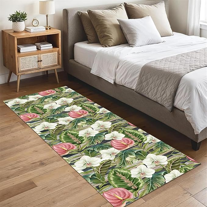Runner Rug 1.3x7ft Non-Slip - Tropical Floral Watercolor Boho with Orchids & Leaves - Washable Entryway Carpet for Hallway, Bedroom, Dining Room - Green Pink Design