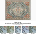 Bavni Washable Rug 8x10 Area Rug for Living Room Bedroom Dining, Washable Vintage Print Carpet, Ultra-Thin Chenille Low Pile Lightweight Rug with Non Slip Backing, Light Red/Blue