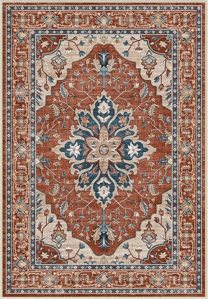 Area Rugs 3'x5' Washable Non-Slip, Floral Vintage Distress Print Pattern Medallion Carpet for Living Room Bedroom Dining Room, Red Orange Blue Brown