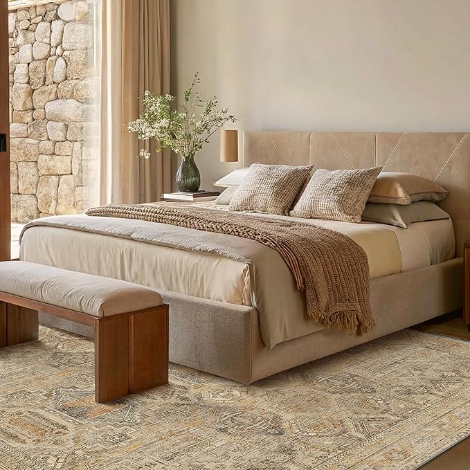 Bavni Washable Rug 3x5 Area Rug for Living Room Bedroom Dining, Washable Vintage Print Carpet, Ultra-Thin Chenille Low Pile Lightweight Rug with Non Slip Backing, Wood