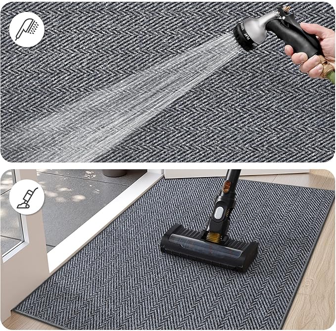 LUMI Ultra Thin Indoor Door Mat for Entrance 17"x30", Non Slip Entryway Mat, Low Profile Doormat, Unique Herringbone Design Carpet for Inside, Patio, Porch, Medium Gray