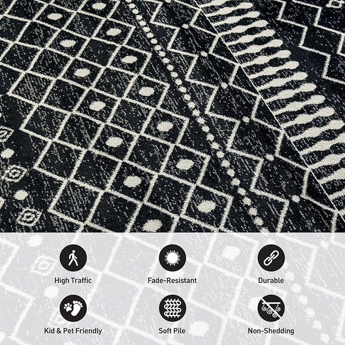 Rugshop Boho Black and White Tribal Area Rug – Geometric Diamond and Stripe Pattern Carpet for Living Room, Bedroom, or Entryway – Soft Modern Bohemian Floor Décor 2' 3" x 8' Runner Black
