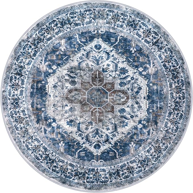 KOZYFLY Round Rug 6 Ft Rugs for Entryway Washable Circle Rug Non Slip Round Living Room Rugs Printed Faux Wool Vintage Round Dining Room Floor Carpet for Living Room, Entryway, Bedroom, Blue