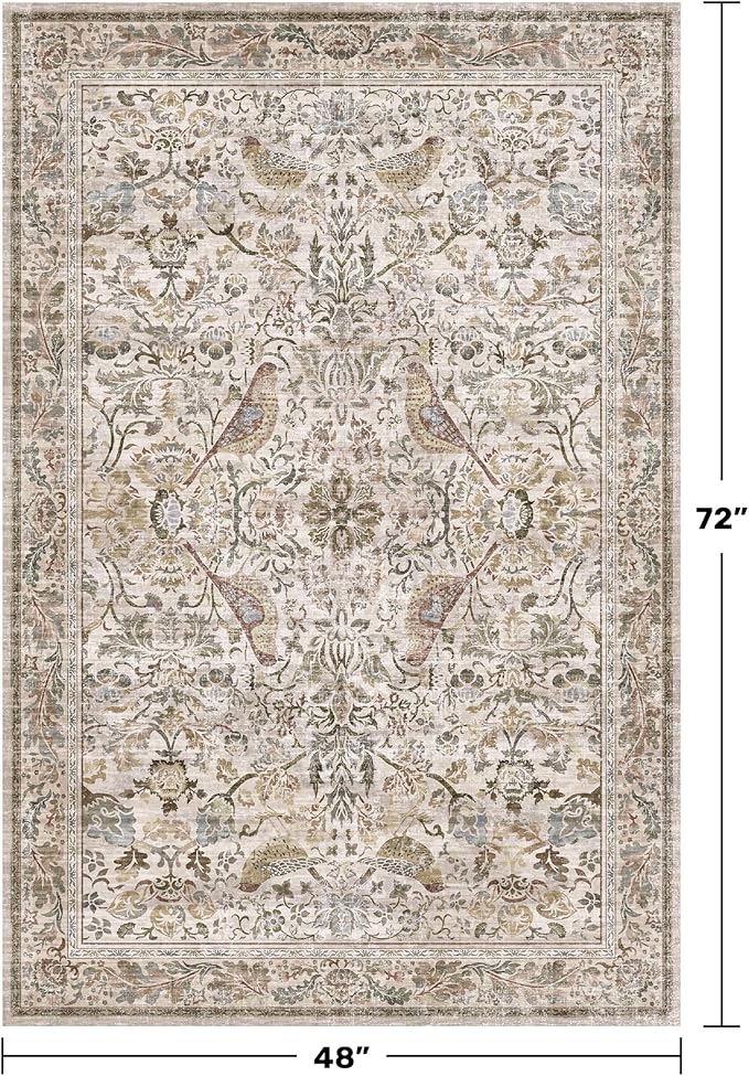 Large Washable Living Room Area Rug, Moss 4x6 Oriental Rug for Bedroom Beside Bed, Kitchen, Mudroom, Entryway, Vintage Home Décor, Non Slip Soft Stain Resistane Carpet with Bird Pattern