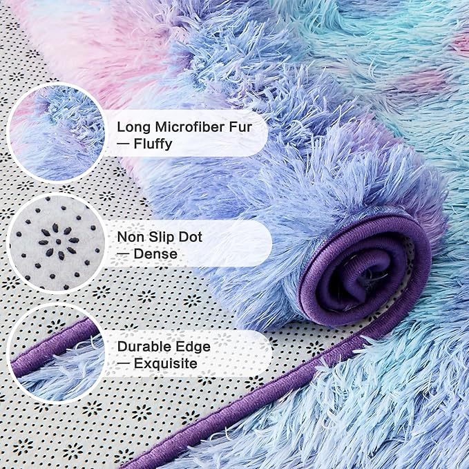 Andency 6x9 Area Rugs, Large Shag Fluffy Soft Shaggy Rugs for Living Room Bedroom, Non-Slip Tie-Dyed Unicorn Rainbow Thick Plush Carpet for Kids Girls and Boys, Dorm Nursery Home Decor Aesthetic