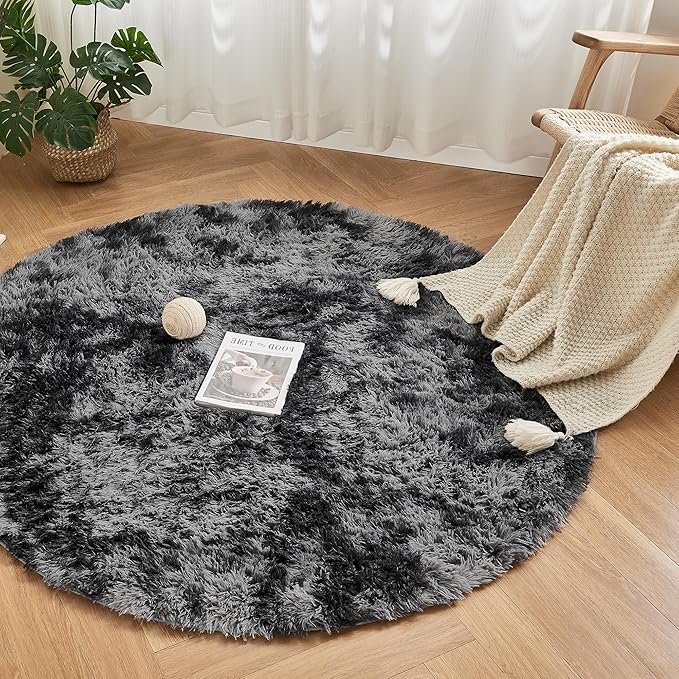 Andency Tie-Dyed Dark Grey Round Area Rug for Living Room, 6x6 Shag Rug for Bedroom, Fluffy Circle Carpet for Home Decor, Room, Fuzzy Plush Circular Rug for Dorm Playroom