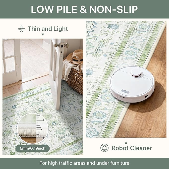 Area Rug 2x3 Doormat, Machine Washable Low Pile Vintage Rugs, Small Lightweight Rug Entryway Indoor Mat for Entrance, Hallway, Kitchen and Corridor, Cream Green