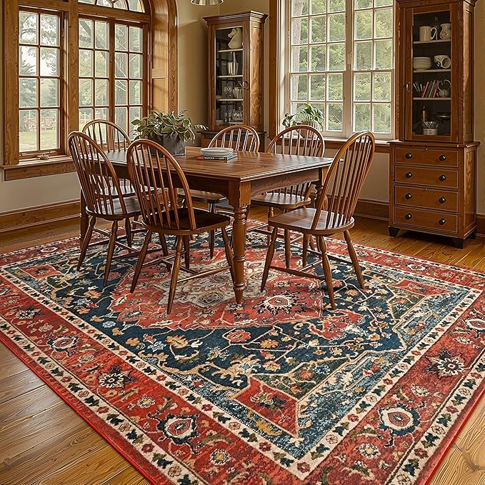 YJ.GWL Area Rugs for Living Room 10x14 Machine Washable Rugs, Non Slip Floral Vintage Rug Indoor Carpet, Stain Resistant Large Rug for Bedroom Dining Room, Orange-Red