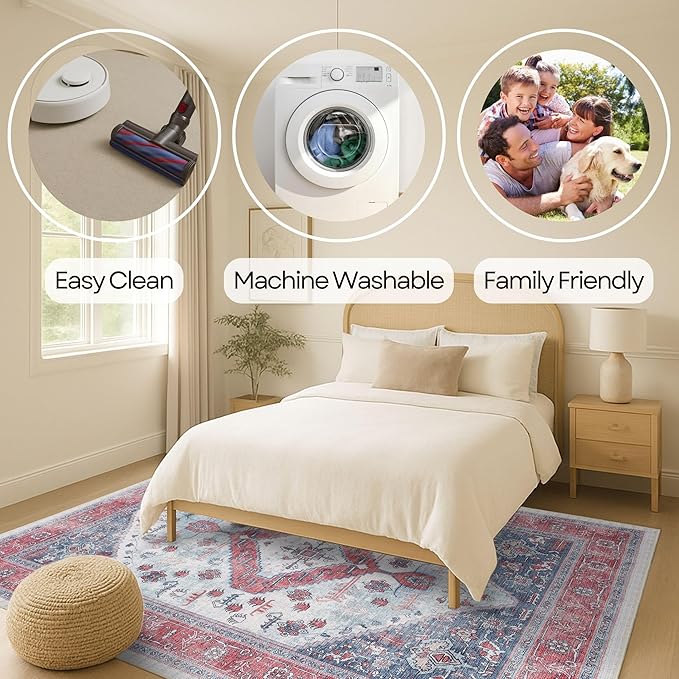 Fame Rugs Turkish Rug. Washable Vintage Oriental Antique Inspired Traditional Doormat Small Modern Area Rugs Luxury Entryway Entry Bedroom Bathroom Kitchen (402RN, 7'5 x 9'9)