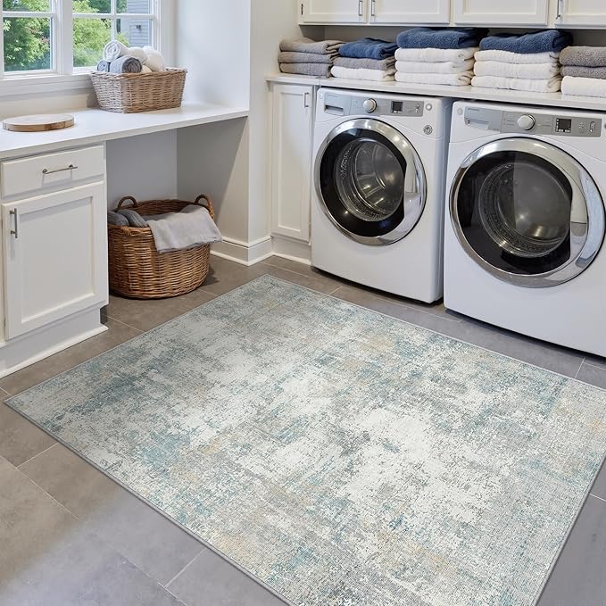 3x5 Washable Area Rug Blue Cream Abstract Entryway Office Throw Rug Neutral Modern Non Slip Soft Low Pile Lightweight Small Carpet for Kitchen Living Room Bedroom Entrance