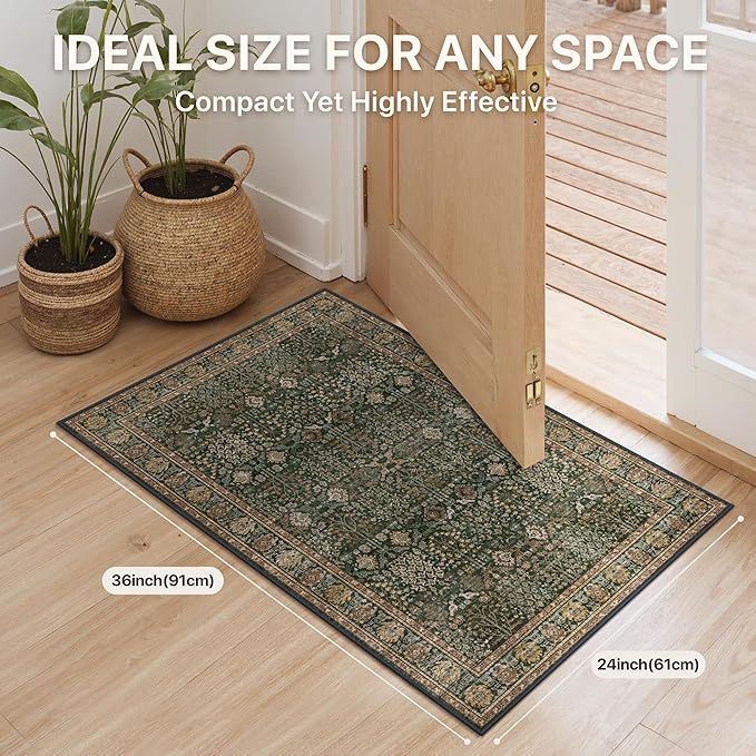 Bavni 2x3 Doormat, Machine Washable Runner Rug Non Slip, Vintage Floral Print Style Rugs for Entrance-Lightweight Low Pile Carpet for Hallways Kitchen and Corridor, Dark Green/Multi