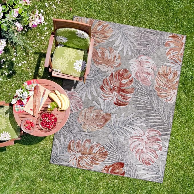 CAMILSON Indoor Outdoor Rug, Mult 10’x14’ Leaf Tropical Botanical Area Rugs for Indoor and Outdoor patios, Easy-Cleaning Non-Shedding Living Room, Garden and Kitchen Washable Outside Carpet (10x14)