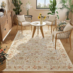 DUKINO 4x6 Rugs for Living Room, Lightweight Non Slip Washable Rug with Low Pile Design, Vintage Floral Non-Shedding Soft Carpet for Living Room, Bedroom, Farmhouse, Office, Bathroom, Beige